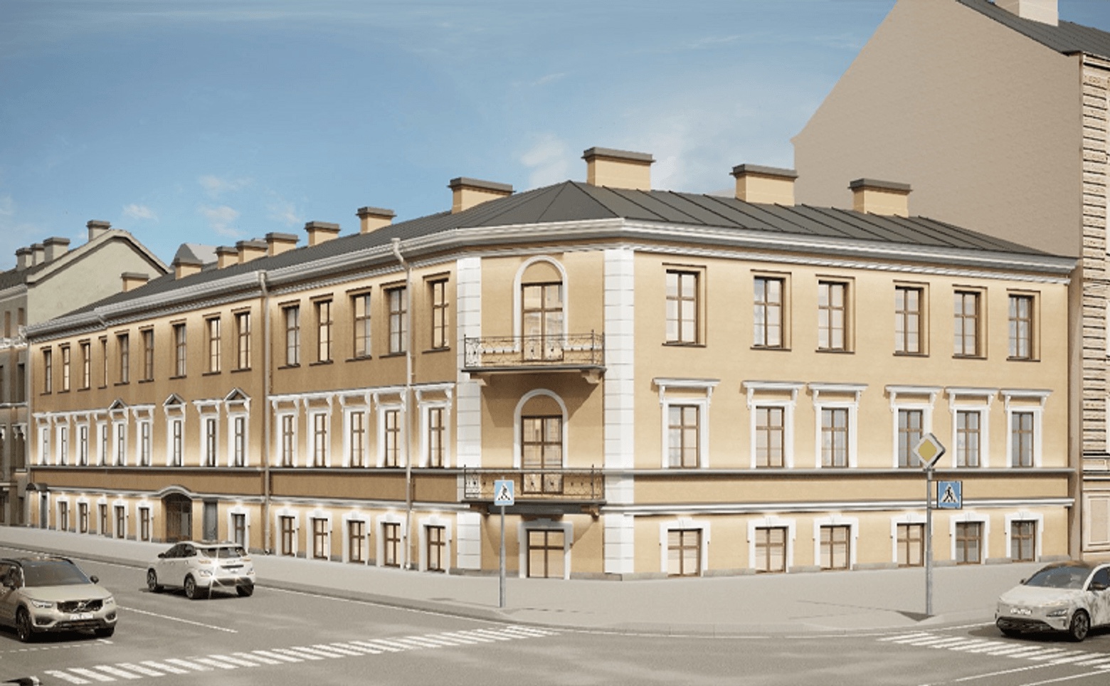 угловая часть дома с балконом на перекрёстке